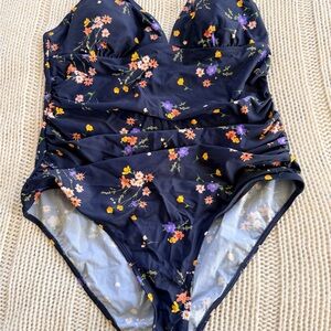 Cupshe Floral One Piece Swimsuit - Navy and Multicolor